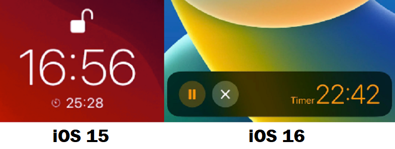 A comparison between the lock screen timer in iOS 15 and iOS 16. iOS 15 places the timer in small text under the clock, while iOS 16 features it as part of the notifications.